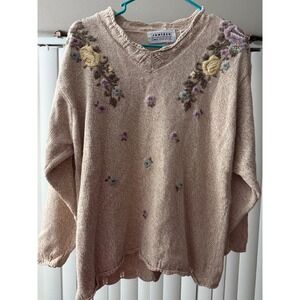 Jantzen Classics VTG Hand Embroidered Floral Sweater Beige V-Neck Cottagecore L
